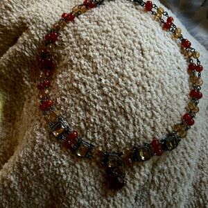 Vintage AVON double strand silvertone necklace with orange glass beads